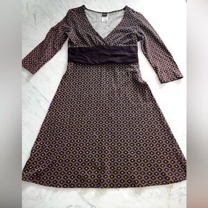 Patagonia dress 3/4 sleeve criss cross purple yellow print V neck blue s